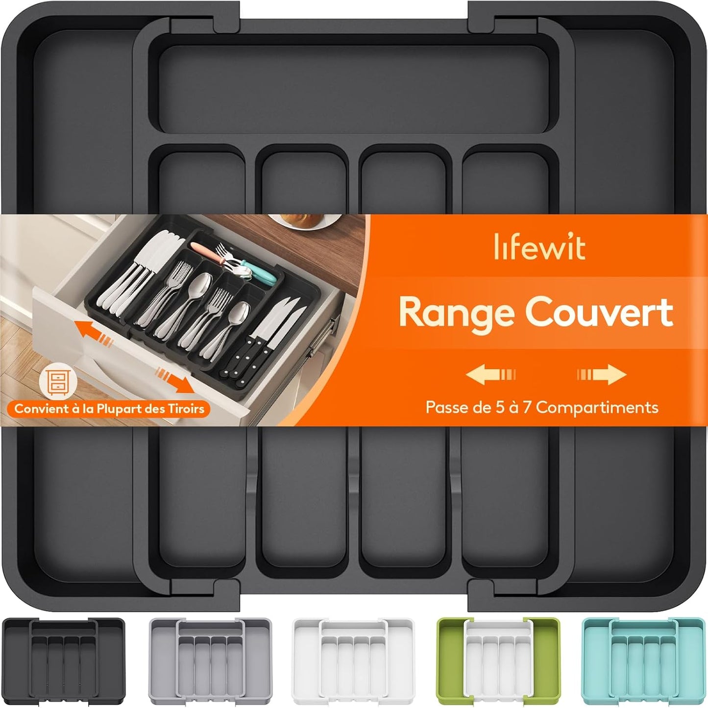 Expandable Silverware Organizer - BPA-Free Plastic Utensil Tray for Kitchen Drawer | Space-Saving Cutlery Holder, Black, 8.5-14 x 12 x 1.5 Inch