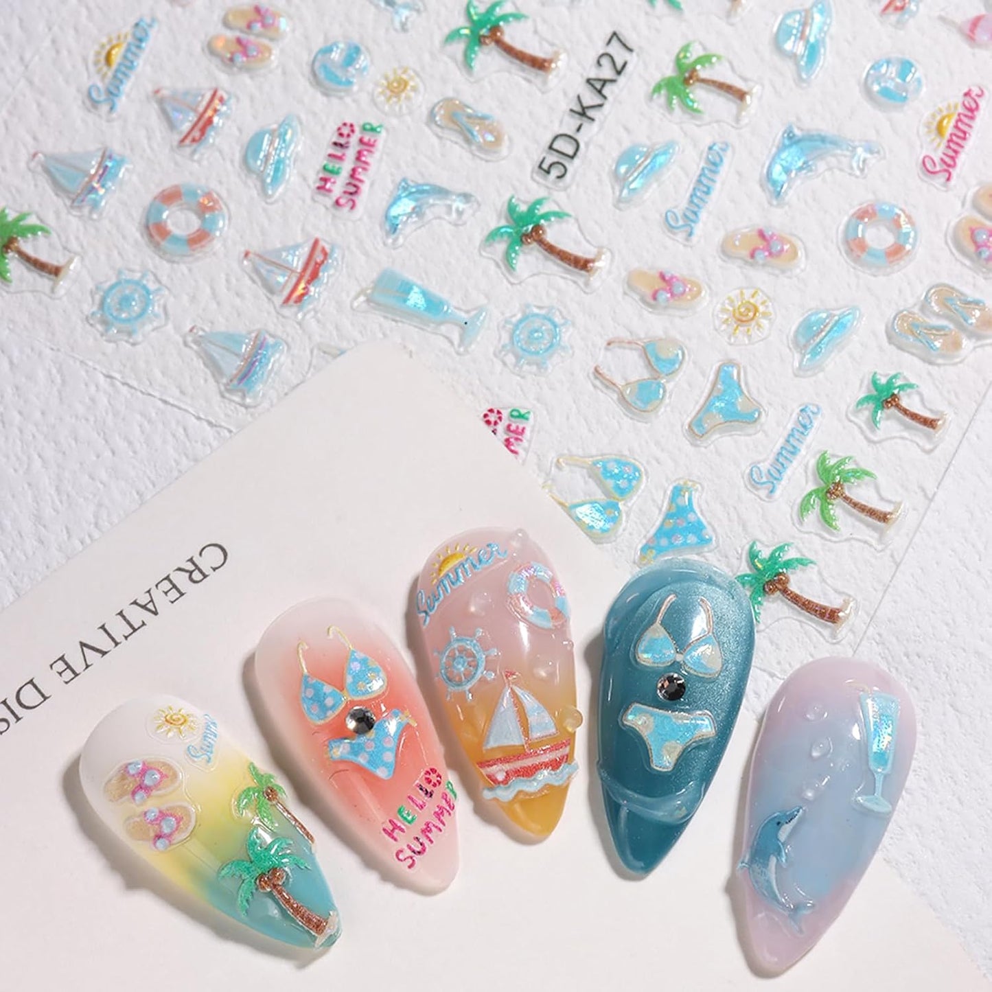 5D Ocean Nail Stickers - Tropical Beach Nail Art Decals | Blue Wave, Fish & Sailboat Designs - 2PCS