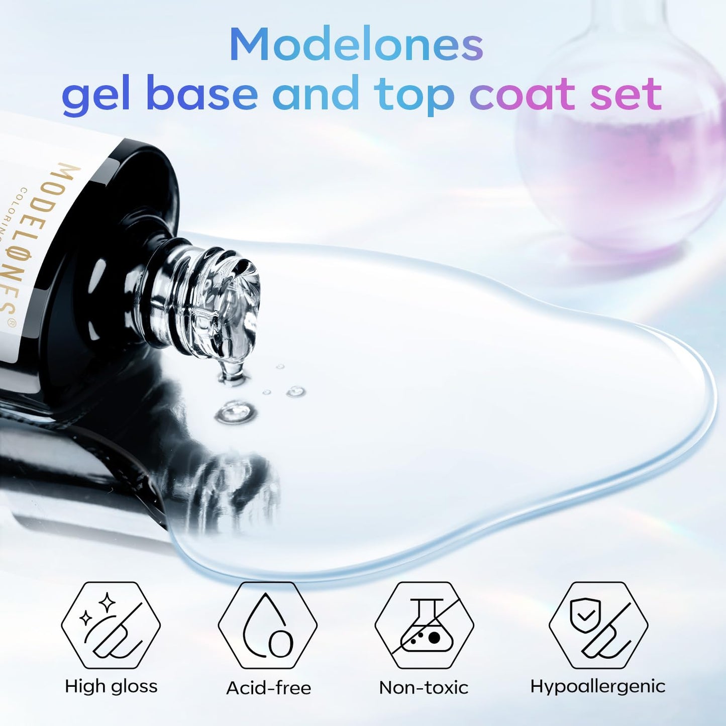Modelones Gel Top Coat - 15ml Super Shiny No Wipe Base & Top Coat Set | Soak Off Nail Polish