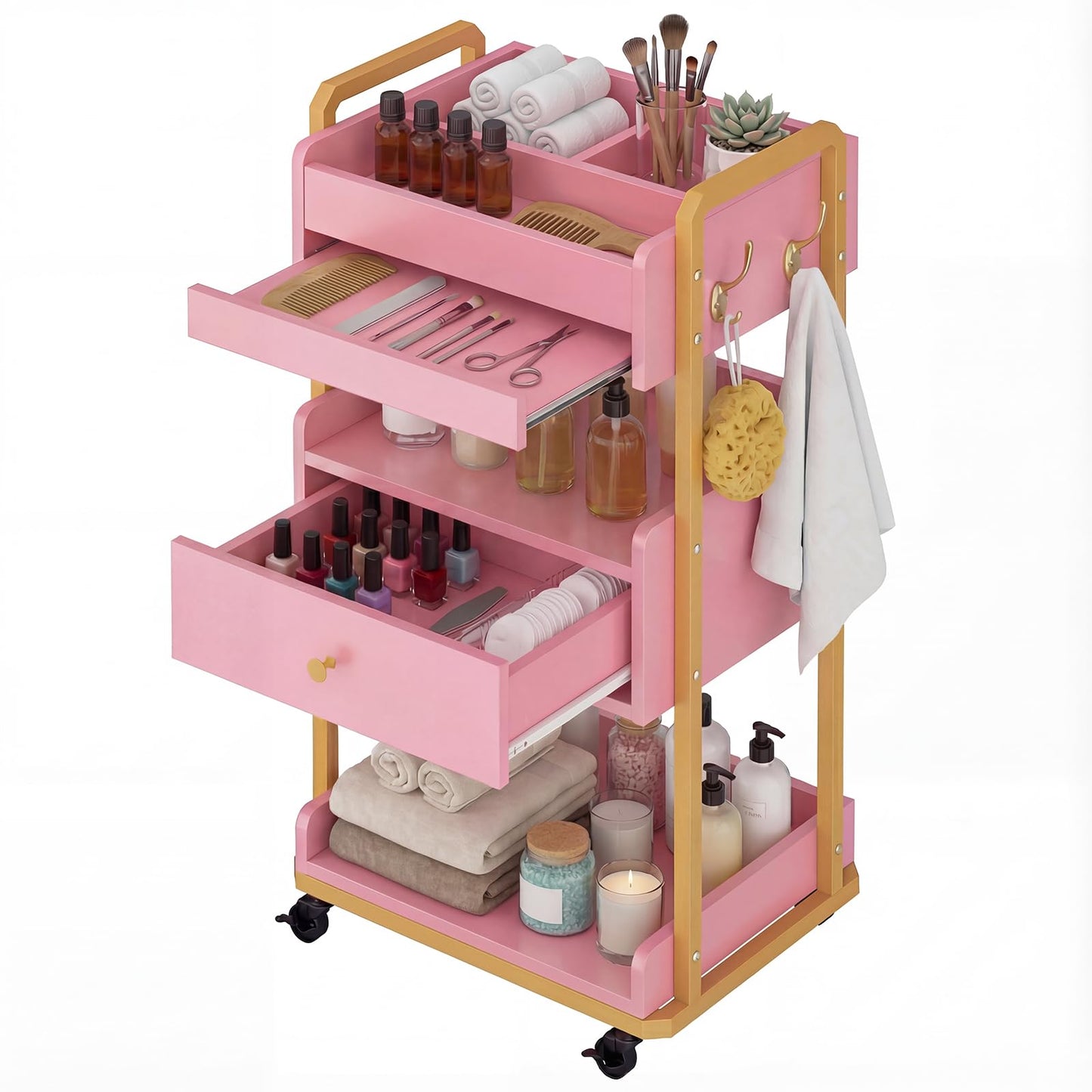 Salon Spa Cart with Wheels & Drawer, 3-Tier Rolling Beauty Storage Cart with Slide-Out Tray, Mobile Salon Cart for Esthetician, Beauty Salon and Spa Use (Pink)