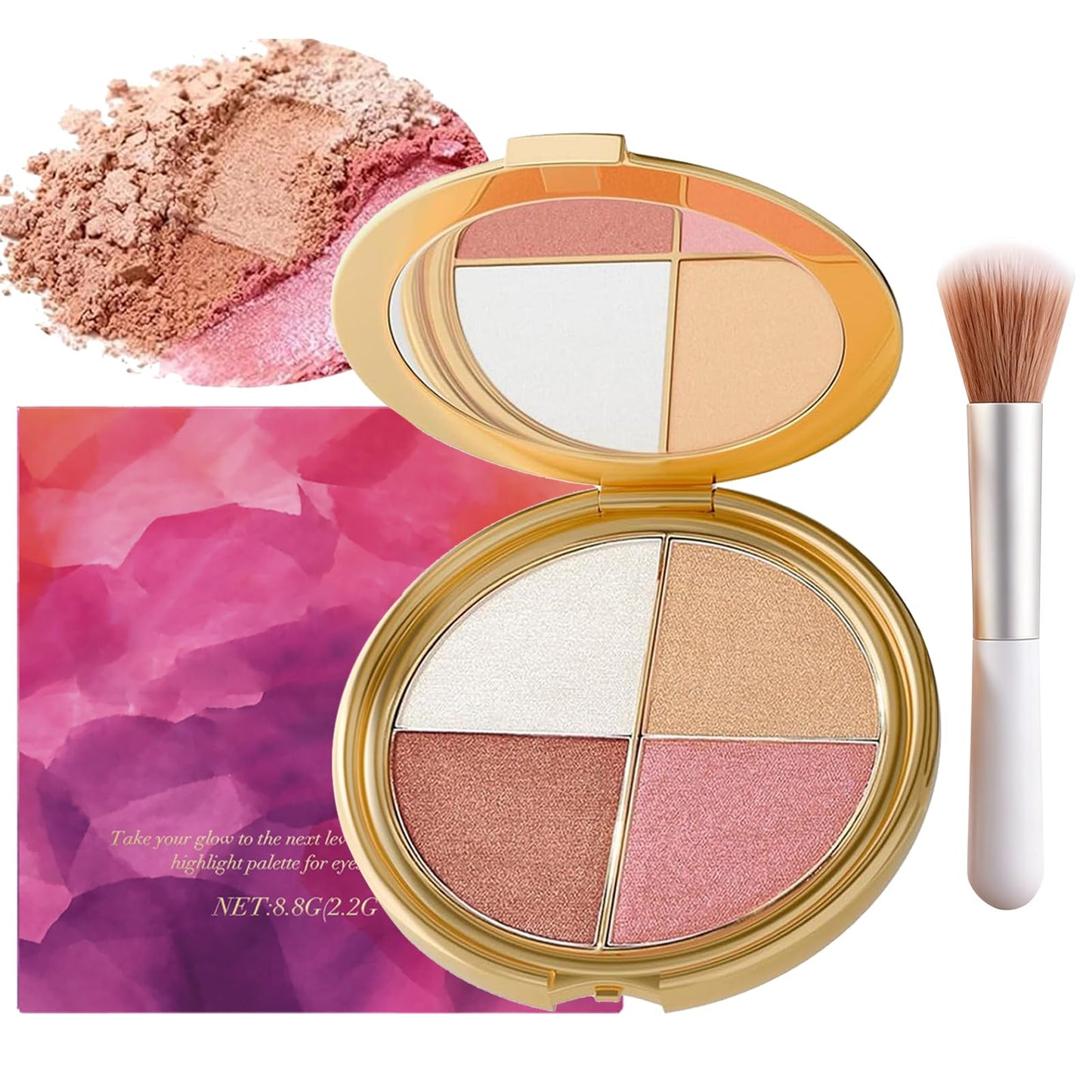Eye & Cheek Palette with 1 Pcs Blush Brush, Multifunctional Blush Palette, Eyeshadow and Highlighter Makeup, 4-In-1 Natural Glow Contour Powder for Women