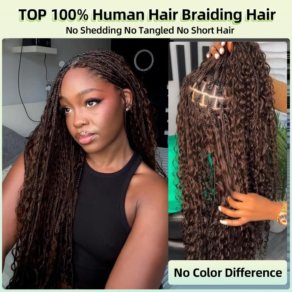 Color 4 Brown Boho Human Braiding Hair 120g Curly for Boho Braids Bohemian 100% Human Hair for Braiding Wet and Wave Deep Wave Bulk Human Hair for Boho Knotless Braids No Weft 3 Bundles 16 Inch