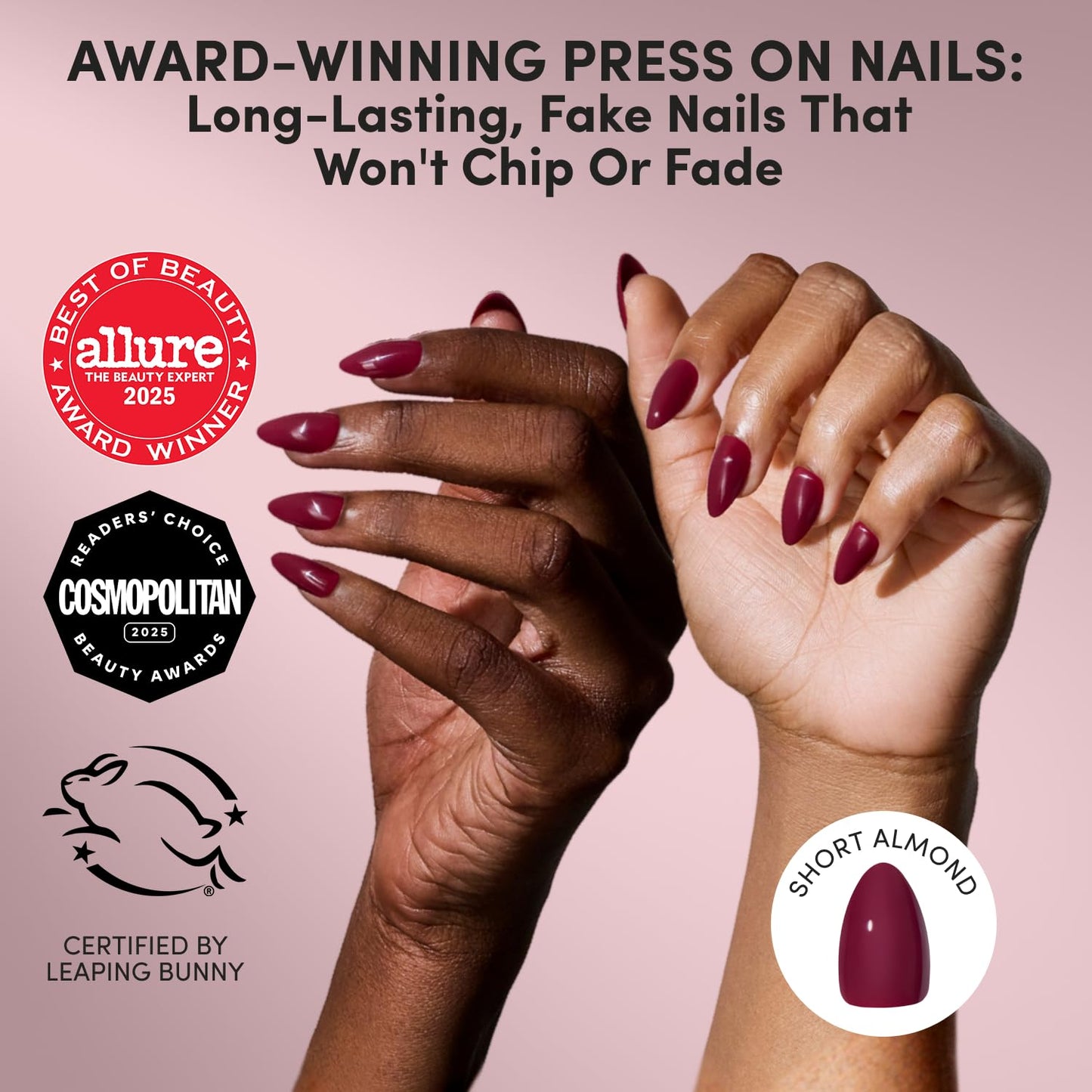 Glamnetic Press On Nails - Short Almond Fake Nails | Glossy Dark Maroon Press On Nails, Salon Quality Kit with Glue | Berry Kiss - 30 Nail Set in 15 Sizes