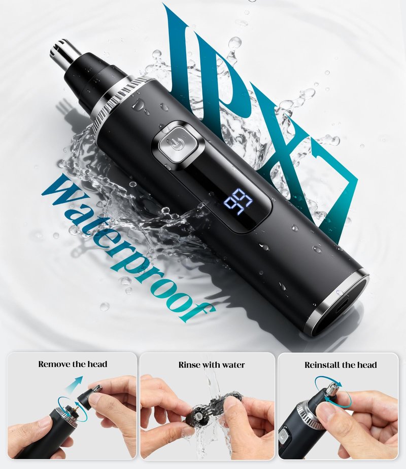 Apetexo Nose & Ear Hair Trimmer, Type-C Rechargeable Precision Groomer for Men & Women, Painless Double-Edged Blades, IPX7 Waterproof & Easy to Clean for Nose, Ears, and Facial Hair
