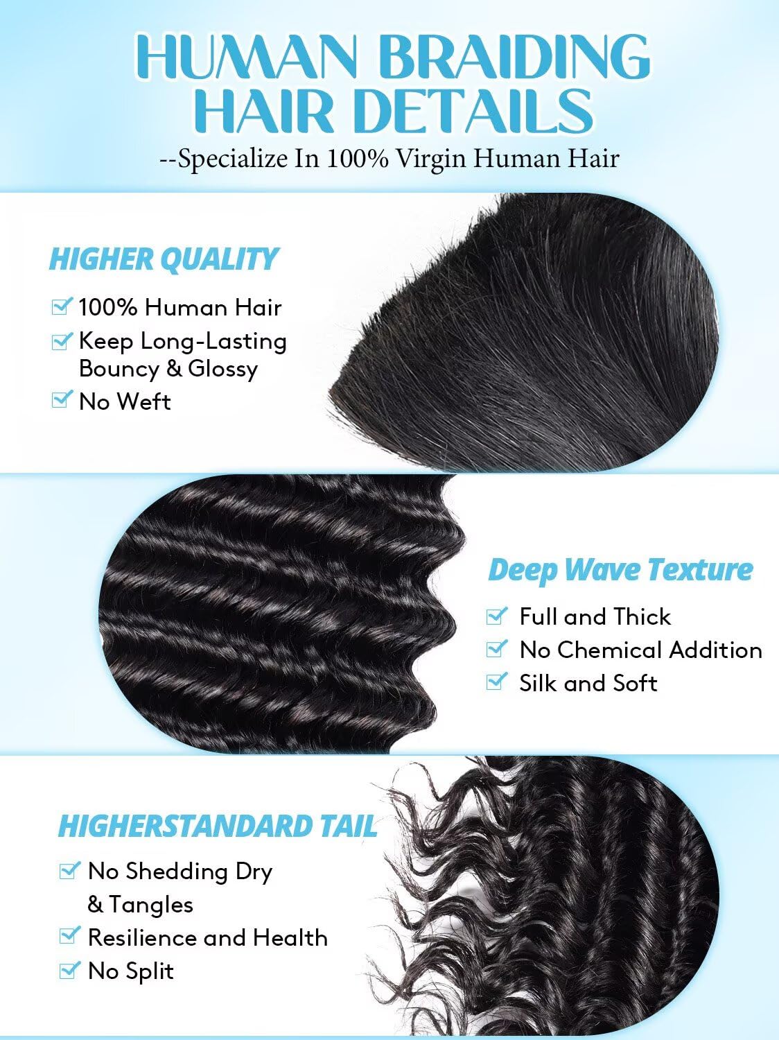 Boho Hair for Braiding - 16 Inch Curly Virgin Human Hair, 12A Knotless Deep Wave, Natural Black | 50g Bundle