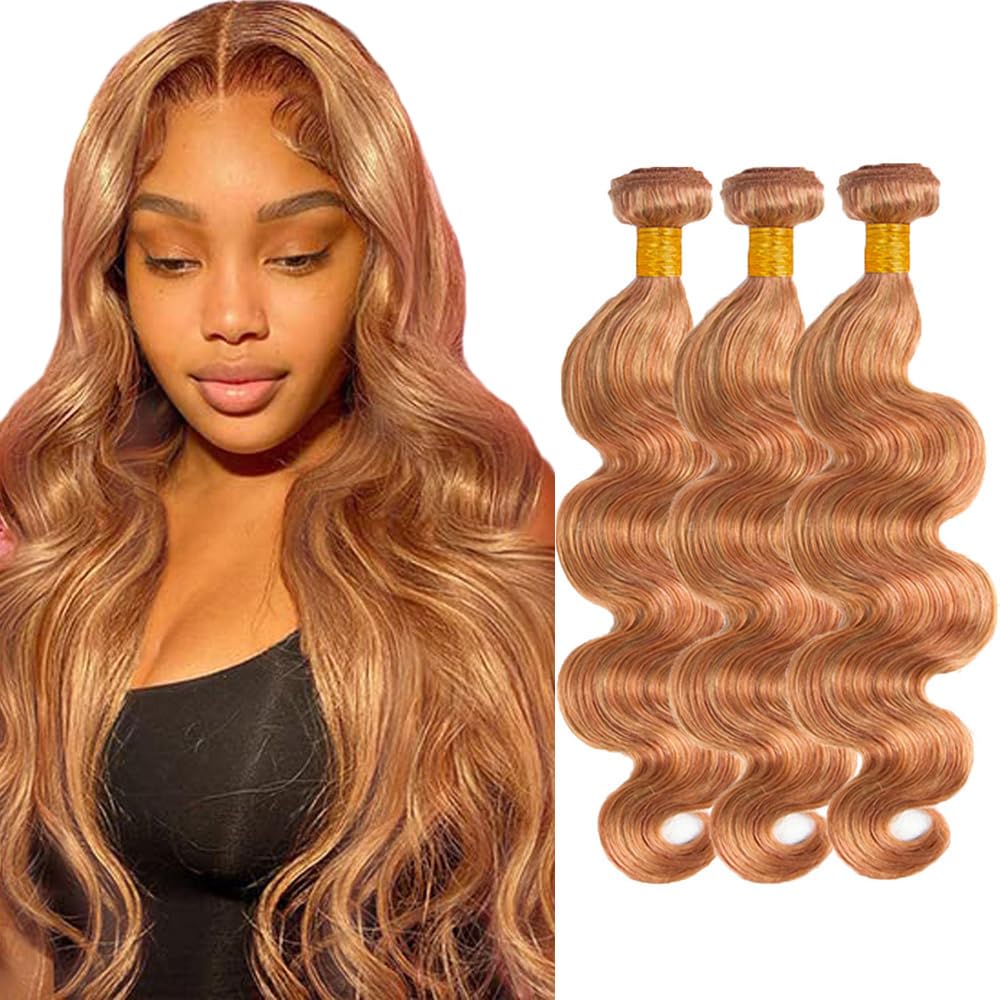 Honey Blonde Highlight Bundles Light Brown Body Wave Bundles 22 22 22 Inch 8A Brazilian Virgin Remy 3 Bundles Double Weft Ombre Brown Body Wave Hair Extensions