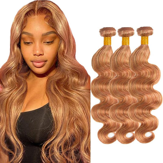 Honey Blonde Highlight Bundles Light Brown Body Wave Bundles 22 22 22 Inch 8A Brazilian Virgin Remy 3 Bundles Double Weft Ombre Brown Body Wave Hair Extensions