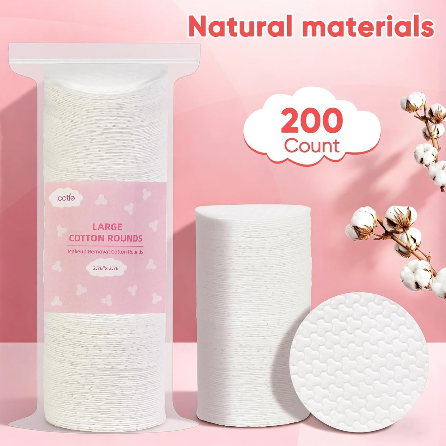 Large Cotton Rounds - 200 Count 100% Pure Cotton Pads | Soft, Dual-Sided for Makeup Removal & Skincare - 2.76 Inch Diameter