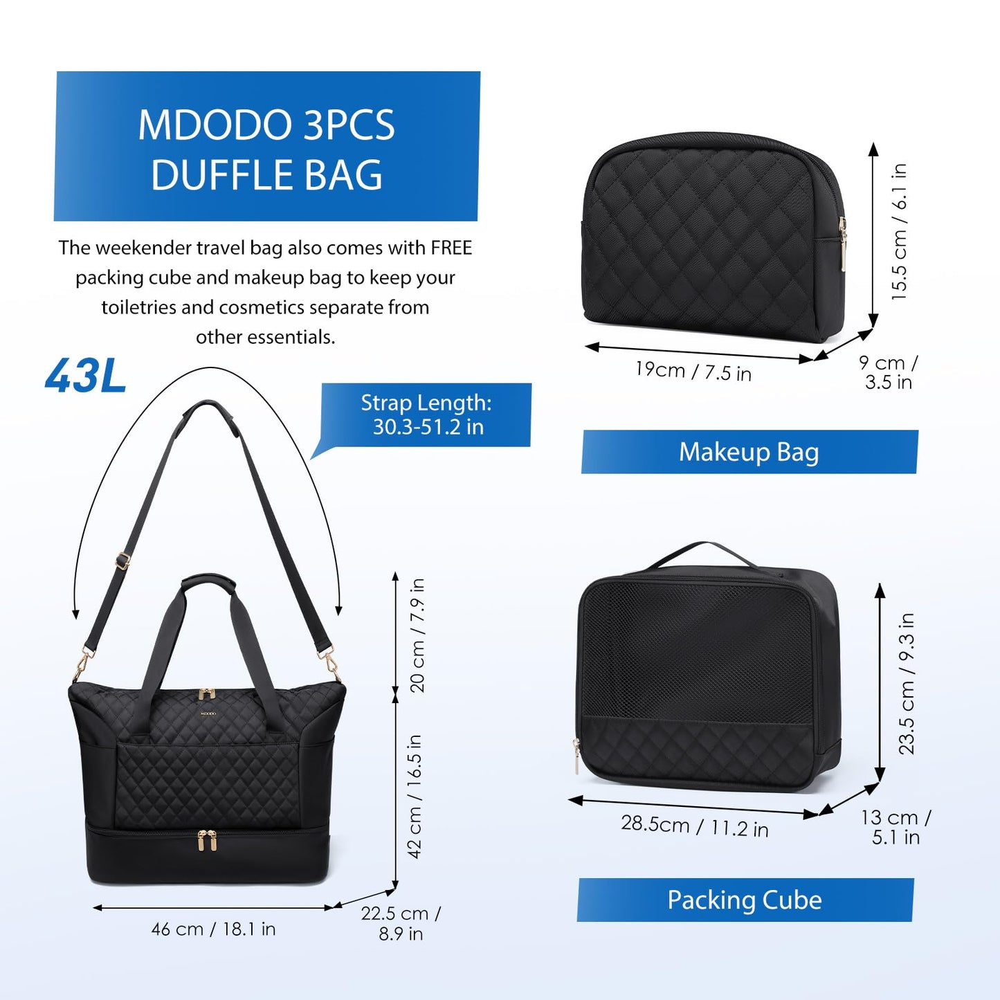 MDODO Travel Duffel Bag for Women Weekender Overnight Carry on Tote with Shoe Compartment Wet Pocket for Business Trips Travel Sports Gym Yoga Hospital, 3 Pcs Set, 43L, Black, Water-Resistant Nylon