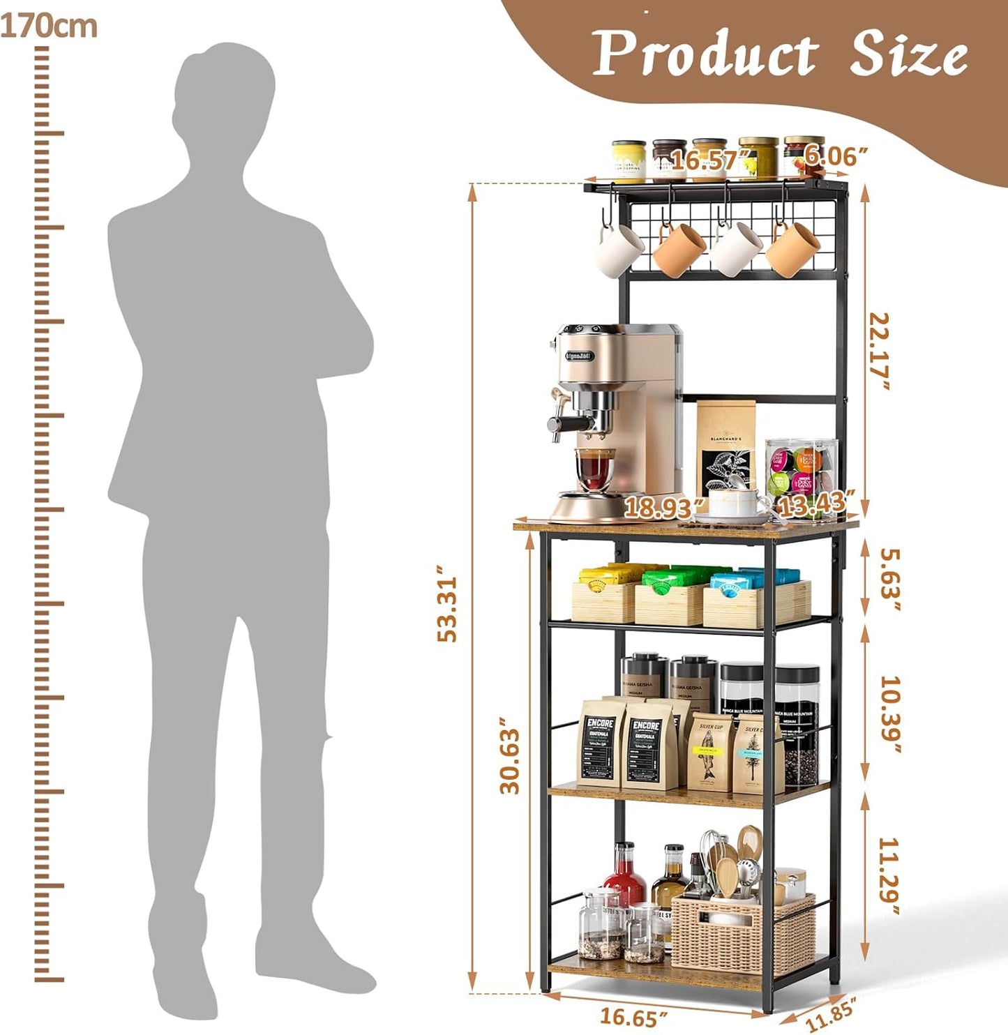 5 Tier Coffee Bar Station - Farmhouse Kitchen Stand with 4 Hooks | Space-Saving Cabinet for Small Areas, 13.43"D x 18.93"W x 53.31"H