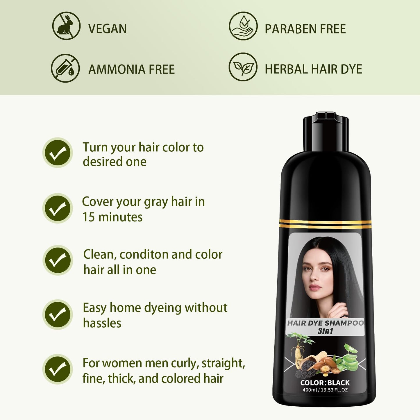 Black Hair Dye Shampoo, 100% Gray Hair Coverage Black Hair Dye for Women Men, 3 in 1 Natural Herbal Ammonia Free Instant Hair Color Shampoo with Long-lasting Color Effect