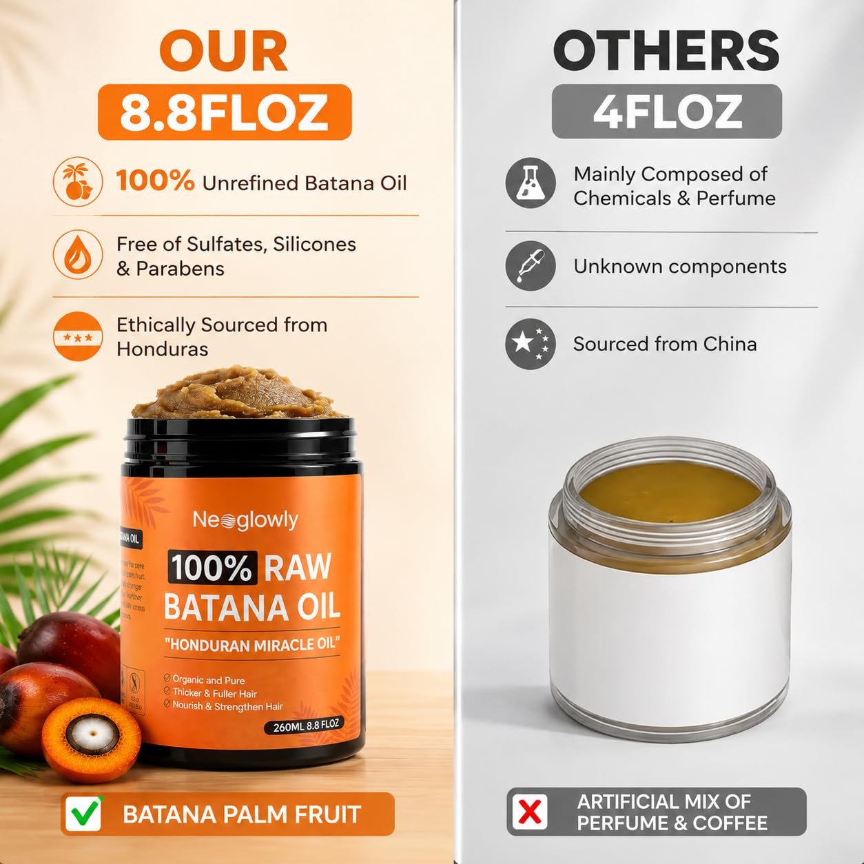 Batana Oil for Hair Growth 8.8oz, 100% Pure & Unrefined Batana Oil from Honduras, Cold Pressed Hair Treatment Oil for Thicker Fuller Stronger Hair, Deep Scalp Moisturizer for Men & Women