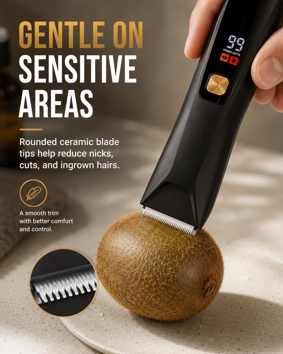 QUUQ Trimmer for Men - Body Hair Trimmer for Men -SkinSafe- Manscape - Ball Trimmer Men with Display & Light - IPX 7 Rated Waterproof Groomer kit for Groin Rechargeable with Ceramic Blades with 5 Kit