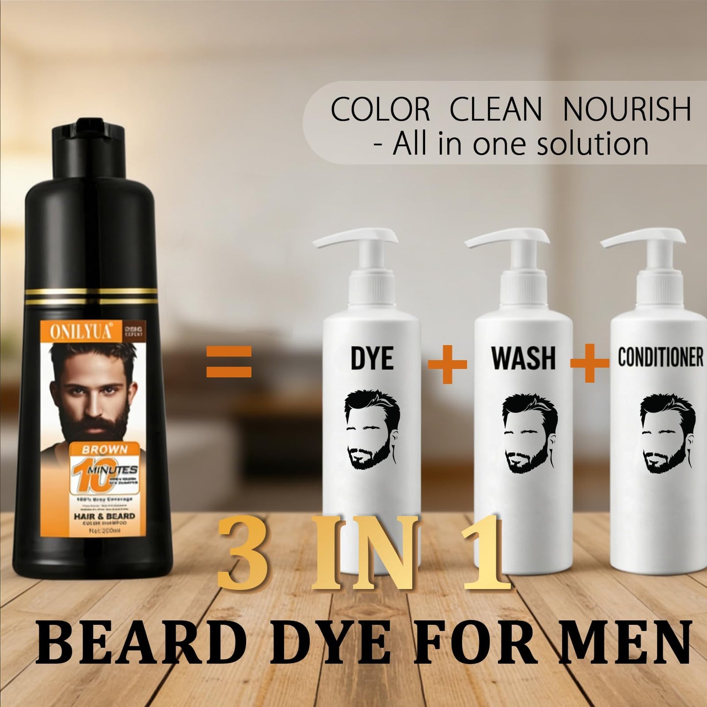 Beard Dye For Men, 10-Minute Instant Gray Coverage, 3 in 1 Brown Mens Beard & Mustache Dye Shampoo with 4-6 Weeks Lasting Color, Nourishing with Argan Oil & Noni Fruit, No-Mess Application 6.76 Fl Oz