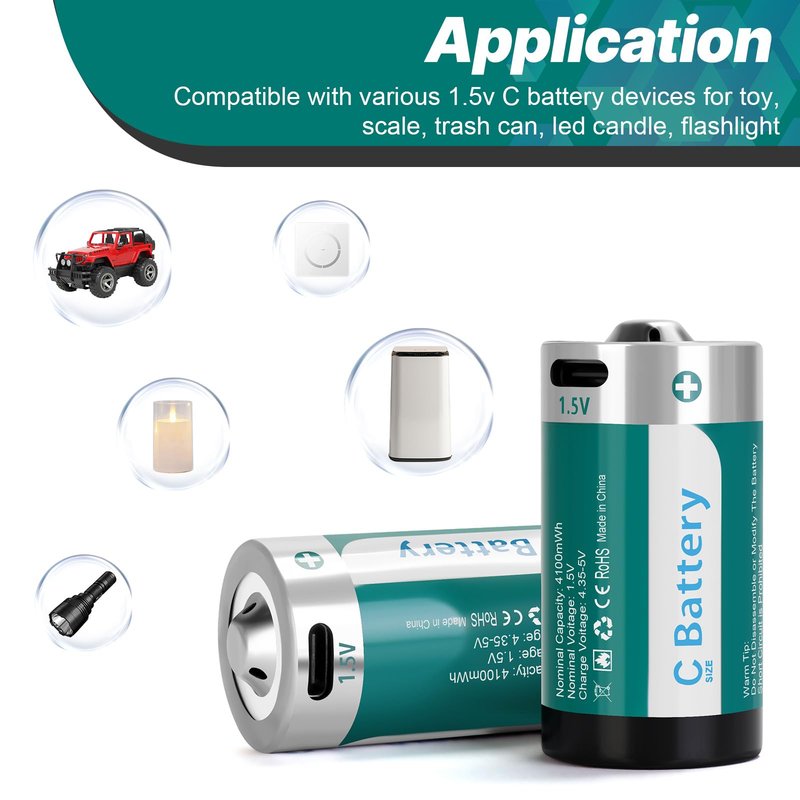 Fitinoch 4 Pack Rechargeable C Batteries 4100mWh, Long-Lasting 1.5V C Size Lithium Battery with USB Charging Cable