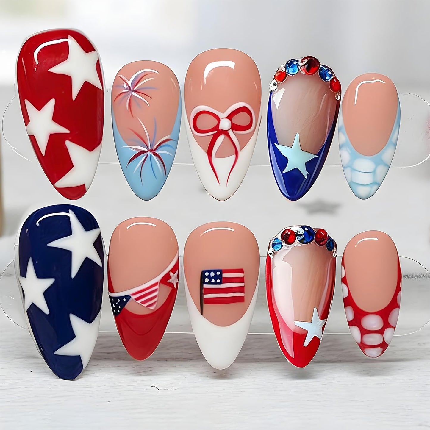 Almond Press-On Nails - 30 Pcs Medium 3D Gold Star Design | Glossy Full Cover Butterfly Acrylics