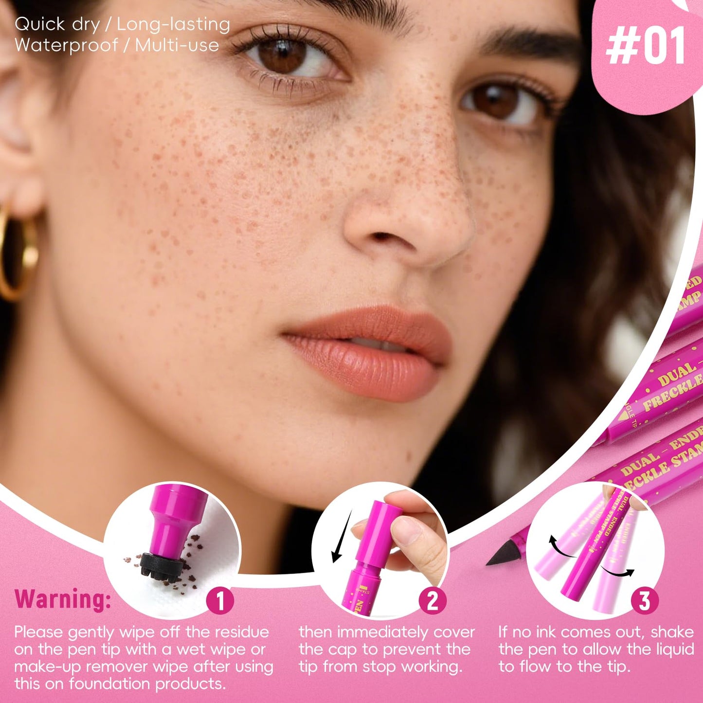 HOSAILY 2 in 1 Freckle Stamp Pen Waterproof for Natural Lifelike Faux Freckle Stamp Long Lasting Quick Dry Magic Fake Freckles Stain Marker Pen for Sunkissed Makeup 01#Light Brown