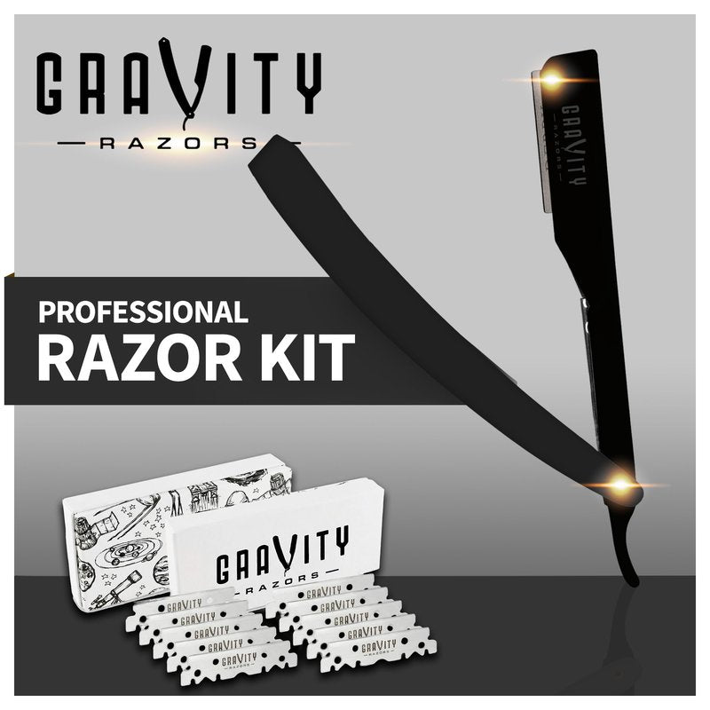 GRAVITY RAZORS Professional Straight Razor Kit – Ultra Exposure, Includes 10 Premium Blades, 2mm Exposed, Matte Black