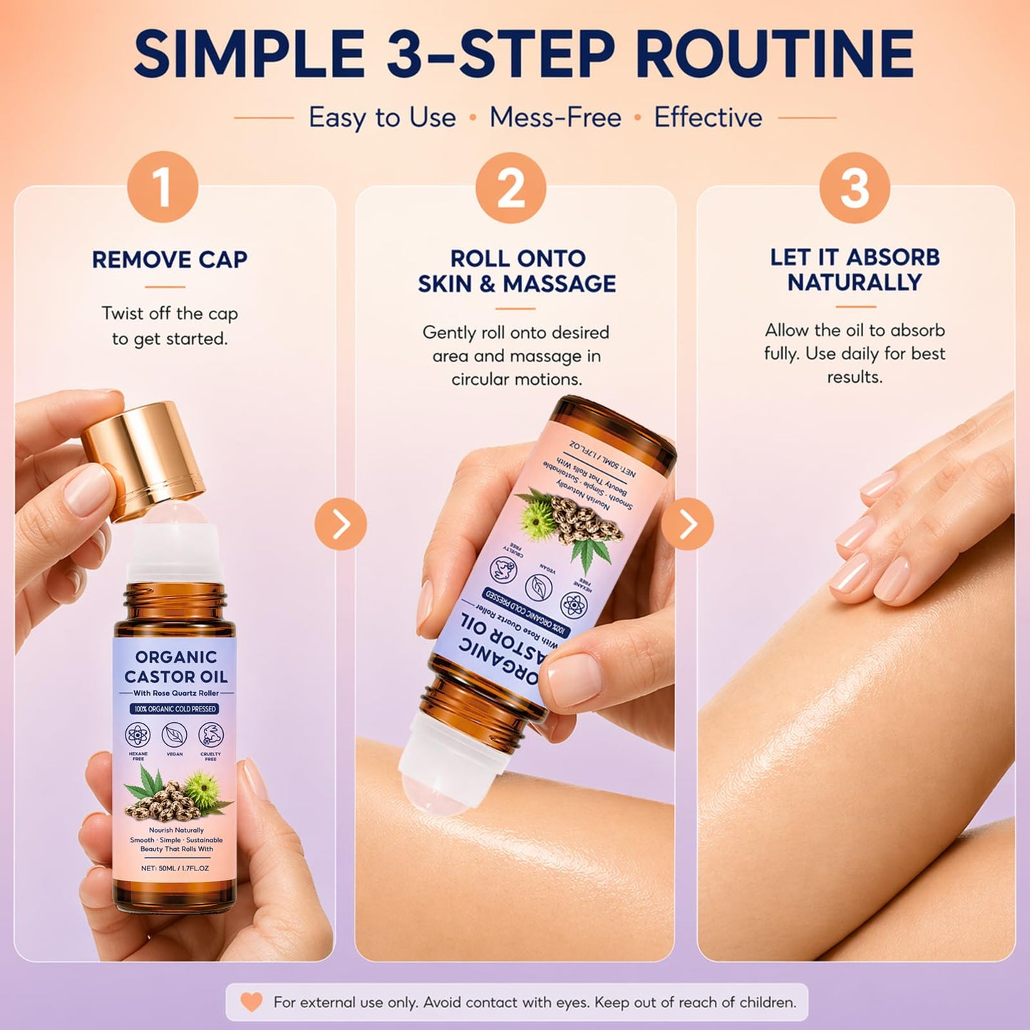 Organic Castor Oil Roll On, 100% Pure Cold Pressed Castor Oil, Hexane-Free Roll-On Applicator for Face, Body, Hair, Brows, Lashes, Scalp Massage & Skin Moisturizing Care (1)