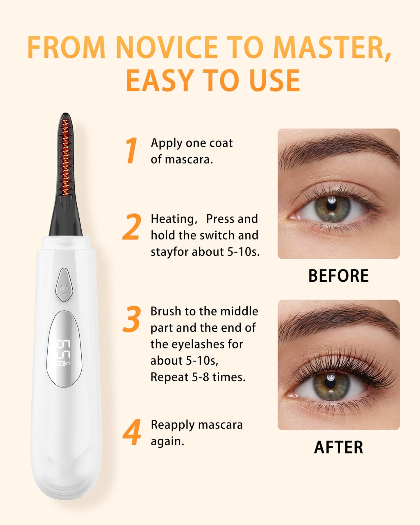 Heated Eyelash Curler for Women - 10s Fast Heating, 4 Adjustable Temp (131℉ - 185℉), LED Display, 24H Long-Lasting Curling Eye Lash Curler, Ergonomic Design, Travel-Friendly Makeup Tool Gift, White