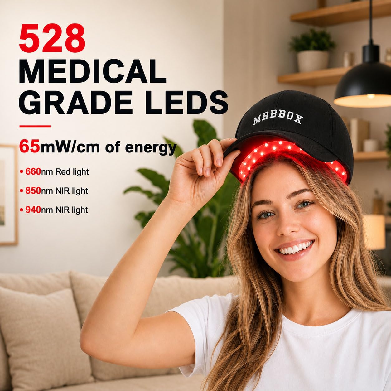 Red Light Therapy Hair Growth Cap - 528 Light Emitters for Full Scalp Coverage | Unisex Black