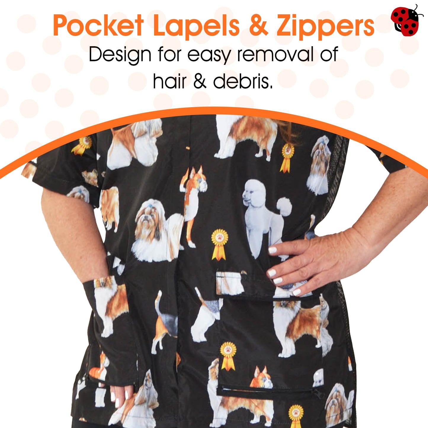 Ladybird Line 803 Dog Groups Grooming Smock, Water Resistant, Hair Bleach Proof, Breathable Mesh Lining, Adjustable Back Belt