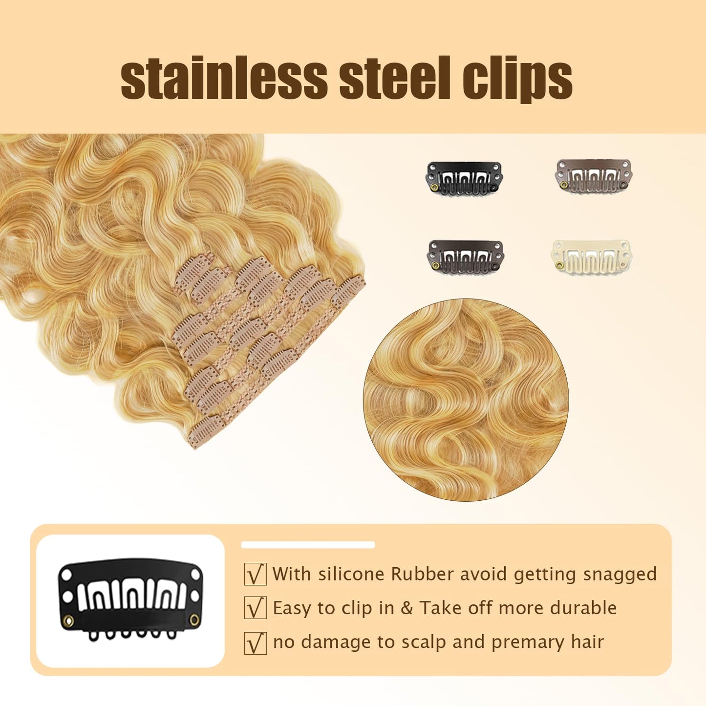 P27613 Blonde Clip in Hair Extensions Real Human Hair, 16 Inch 120g/7Pcs,Full Shine Remy Human Hair,Honey Blonde Body Wave Clip ins Brazilian Virgin Human Hair Extensions