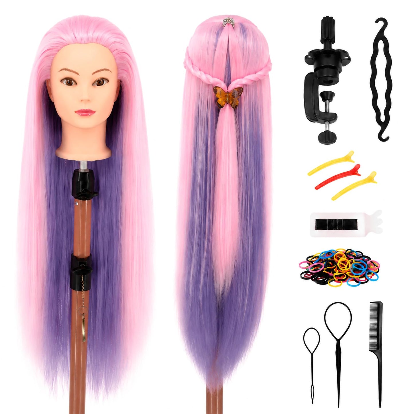 Mannequin Head with Hair,29" Professional Cosmetology Mannequin Head Doll Head for Hair Styling, Braiding, Cutting Practice, Training Head with Clamp + Practice Tools (Pink&Purple)