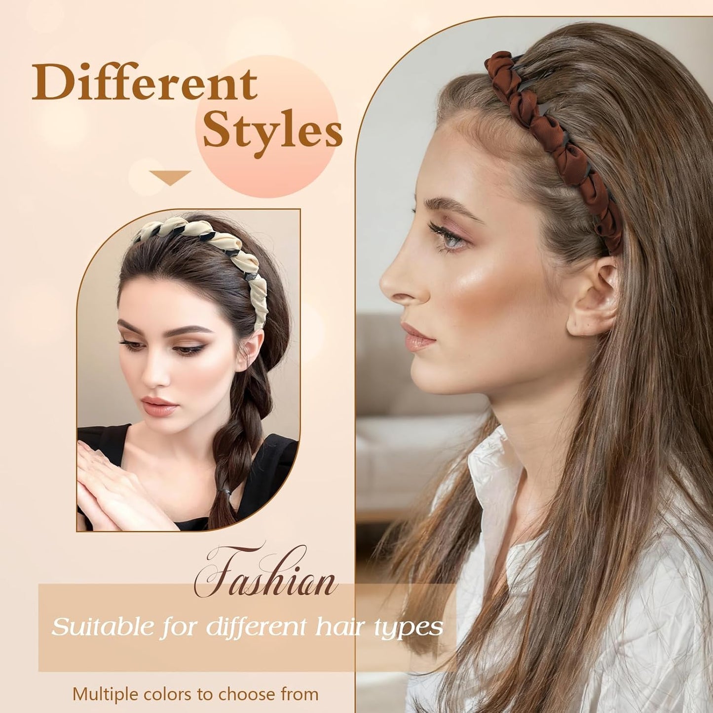 High Cranium Headbands for Women - Non-Slip Zig Zag Design | 4 Pcs Retro Satin Braided Hair Accessories