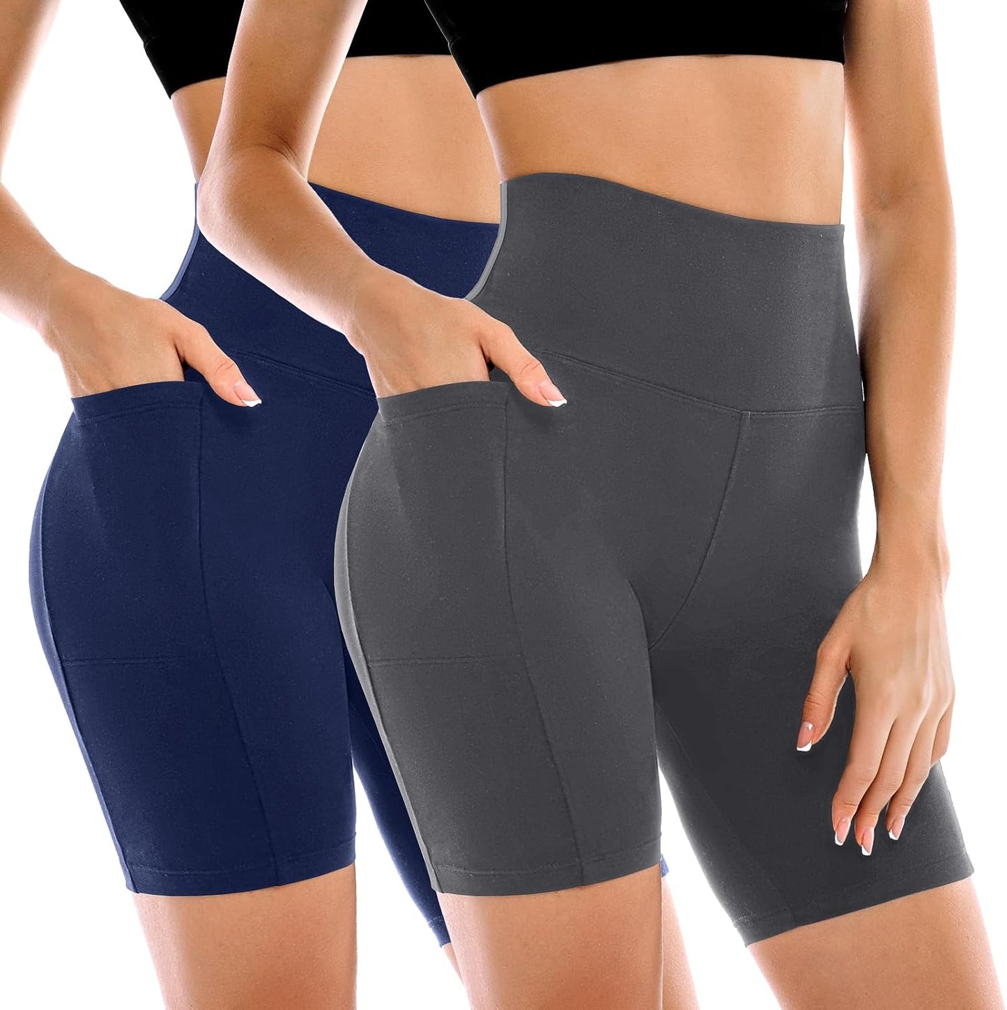 High Waisted Tummy Control Biker Shorts for Women - 2 Pack with Pockets | Yoga & Workout Gear