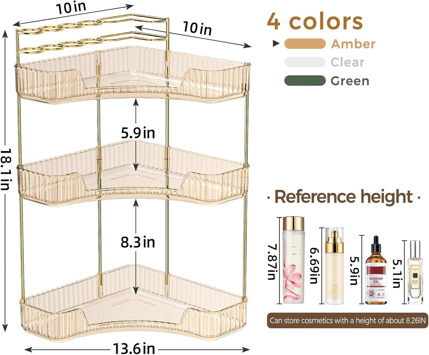 Corner Bathroom Counter Organizer - 3-Tier Makeup & Skincare Storage with Brush Holder | Elegant Gold Finish
