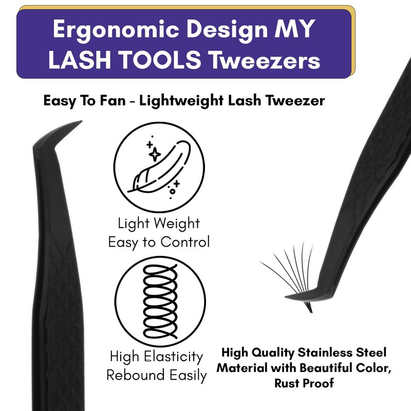 My Lash Tools Fiber Tip Lash Tweezers for Eyelash Extensions Professional Lash Tech Supplies Must Haves Volume Boot Eyelash Tweezers 12cm Stainless Steel Mink Fan Making Lashing Tweezer (Silver)
