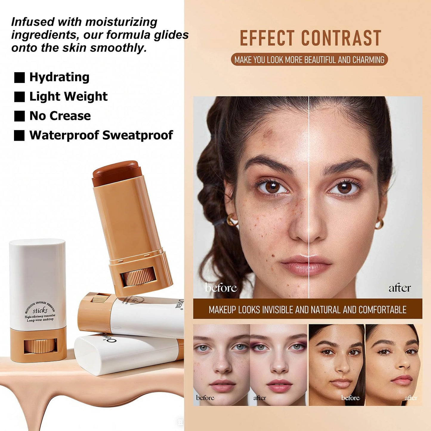 Hydrating Full Coverage Foundation Stick - Long-Lasting Matte Concealer for Face & Contour - Buildable Creamy Formula for All Skin Tones (03#)