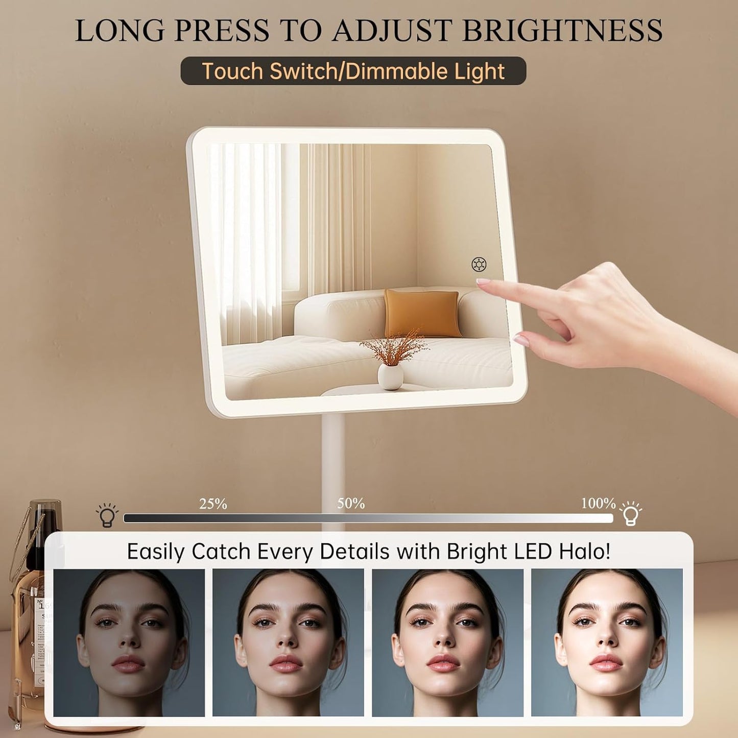 Vanity Mirror with Lights - Rechargeable Makeup Mirror | Smart Touch, 3-Color Dimmable Lighting, 40X Magnification, White