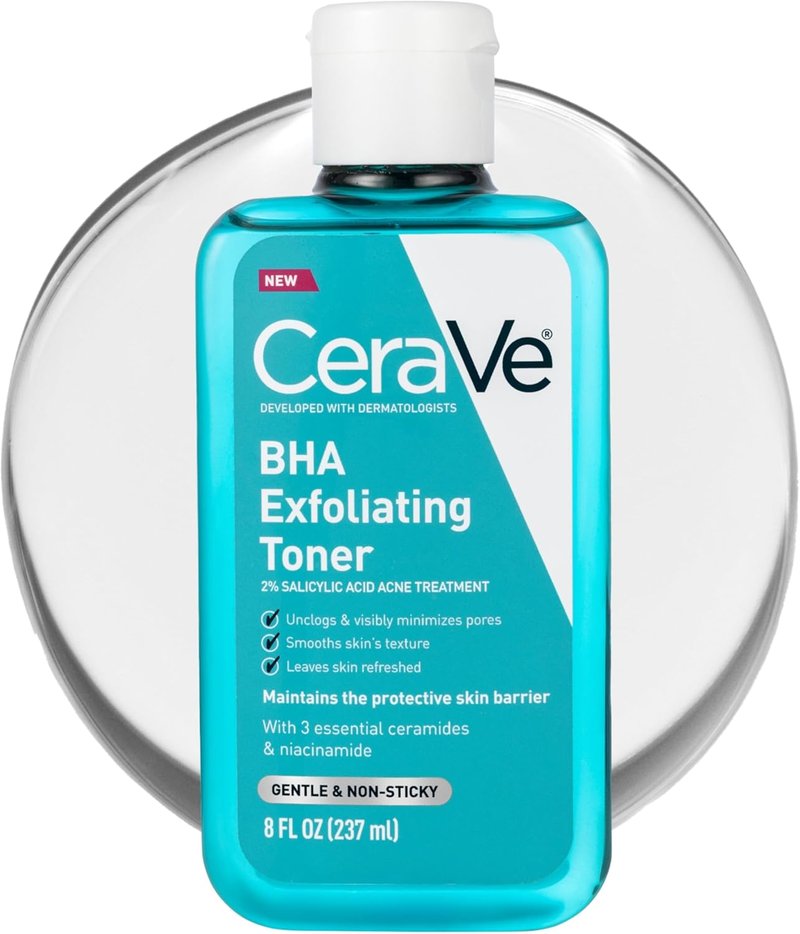CeraVe BHA Exfoliating Facial Toner - Pore Minimizing & Smoother Skin with 2% Salicylic Acid | 8oz, Fragrance-Free, Sensitive Skin Safe
