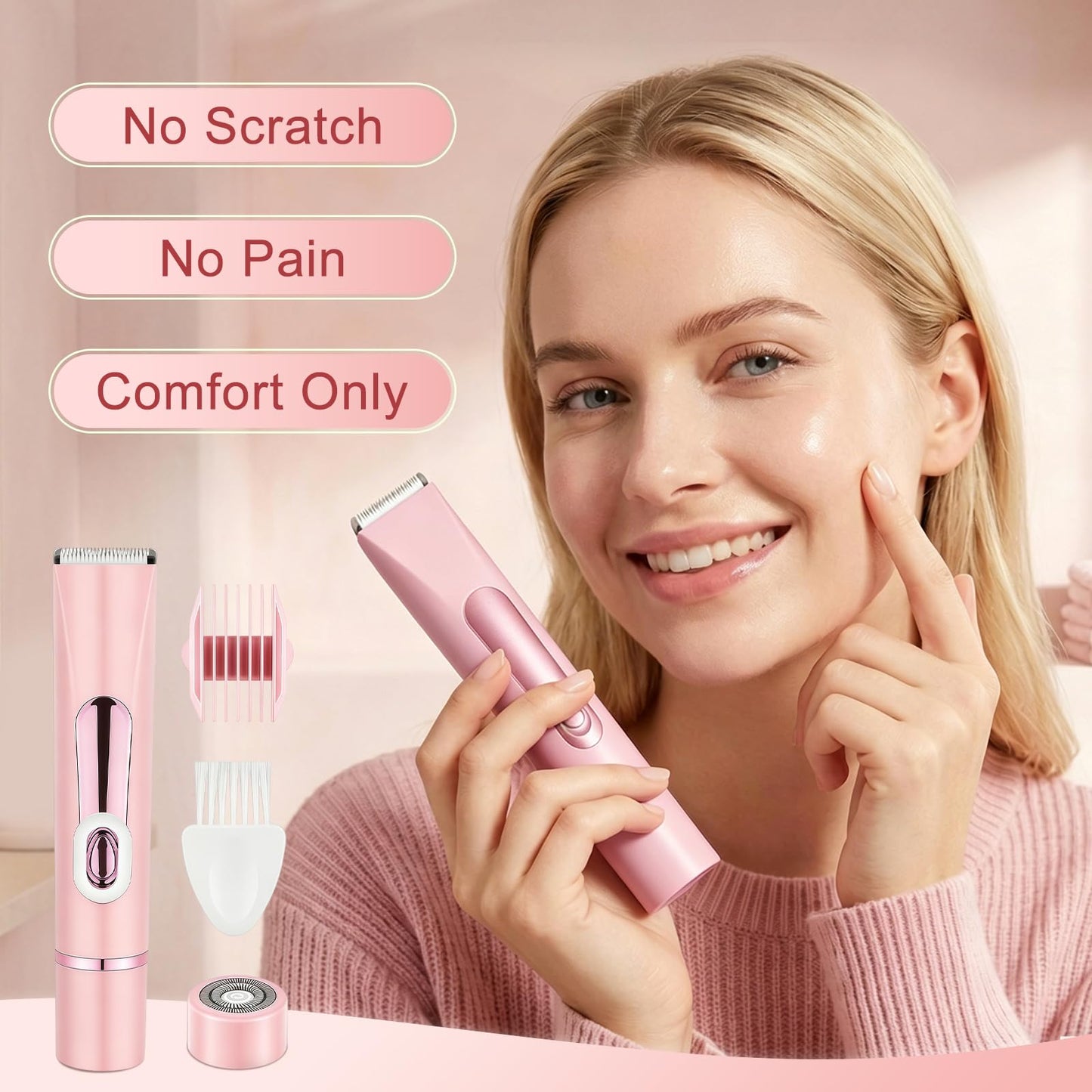 Dual Head Women Bikini Trimmer Quiet Electric Razor for Sensitive Skin IPX7 Waterproof Ceramic Blade LCD Rechargeable Pubic Hair Shaver for Armpit Leg Face (Pink)