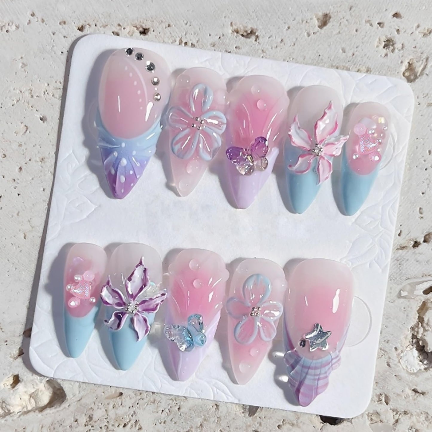 Press-On Nails - 24Pcs Pink Floral Almond Fake Nails with 3D Butterfly Designs | Medium Length, Full Cover