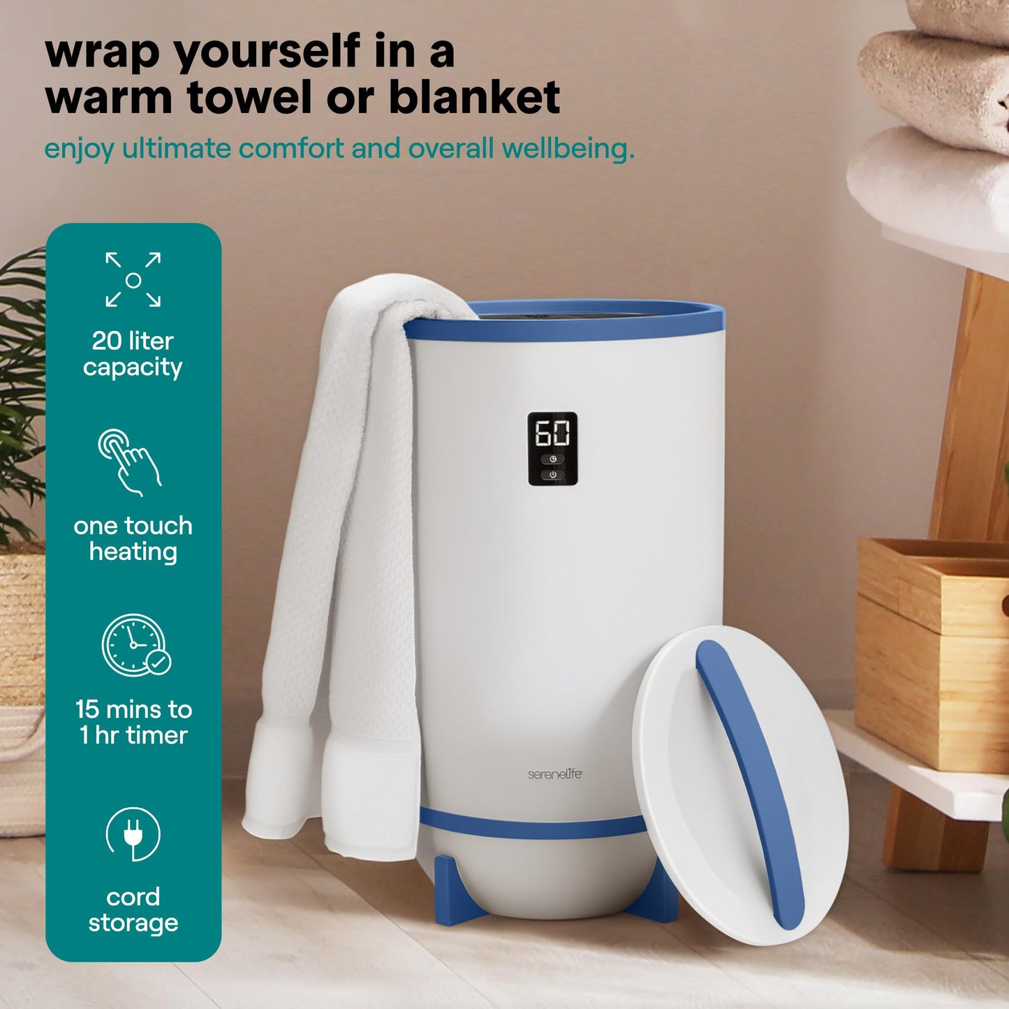 SereneLife Towel Heater for Bathroom & Spa | Portable Large Bucket Style Towel Warmer with Timer | 21L Luxury Electric Heater for Oversized Towels, Robes & Blankets | Auto Shut-Off | Fragrance Discs