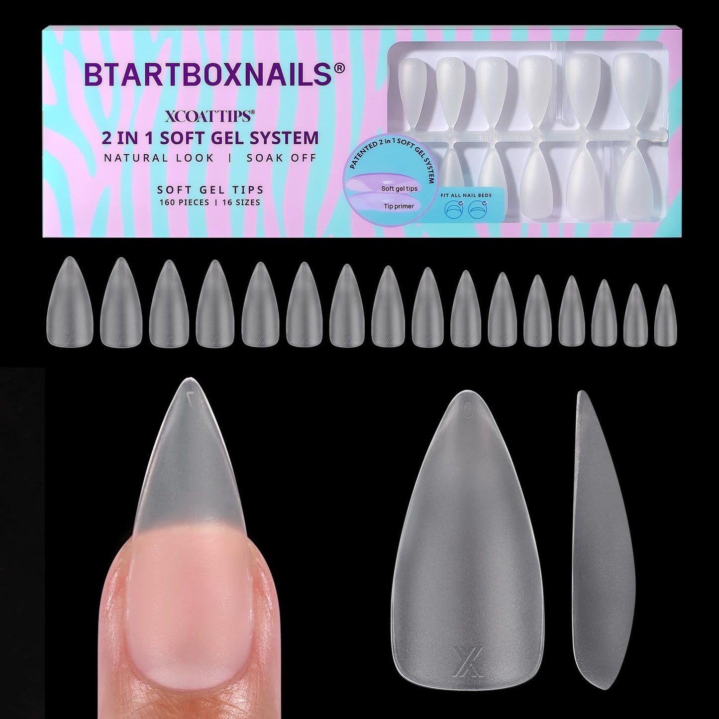 BTArtboxnails XCOATTIPS Clear Soft Gel Long Stiletto Nail Tips - 16 Sizes, Double Sided Pre-etched, Pre-shaped, Easy-to-Apply, Soak Off, Salon Quality Value at Home, 160 Fake Nails