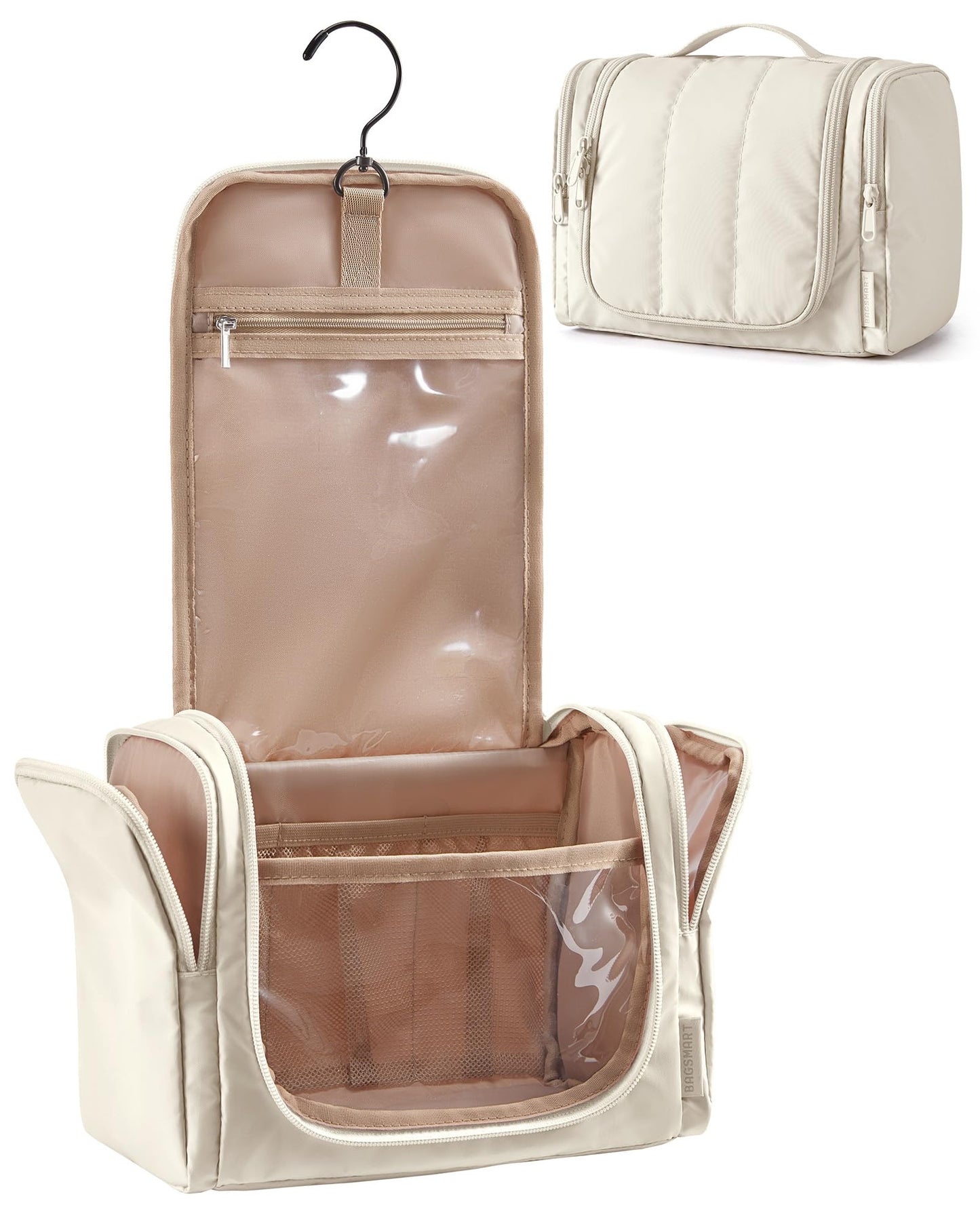 BAGSMART Travel Toiletry Bag for Women, Puffy Hanging Toiletry Bag with Hook, Water-resistant Toiletry Organizer for Full Sized Toiletries (Light Beige)