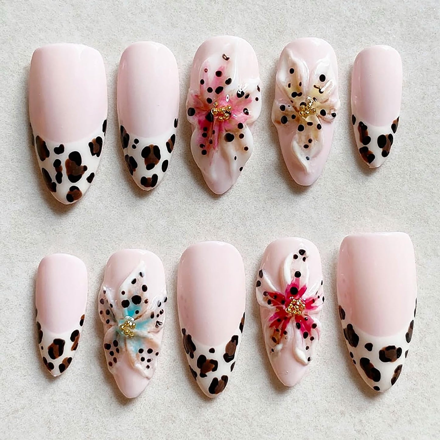 Christmas Press-On Nails - Medium Almond Acrylic Tips with Tree Wreath, Gold Beads & Rhinestones | Winter Holiday Design