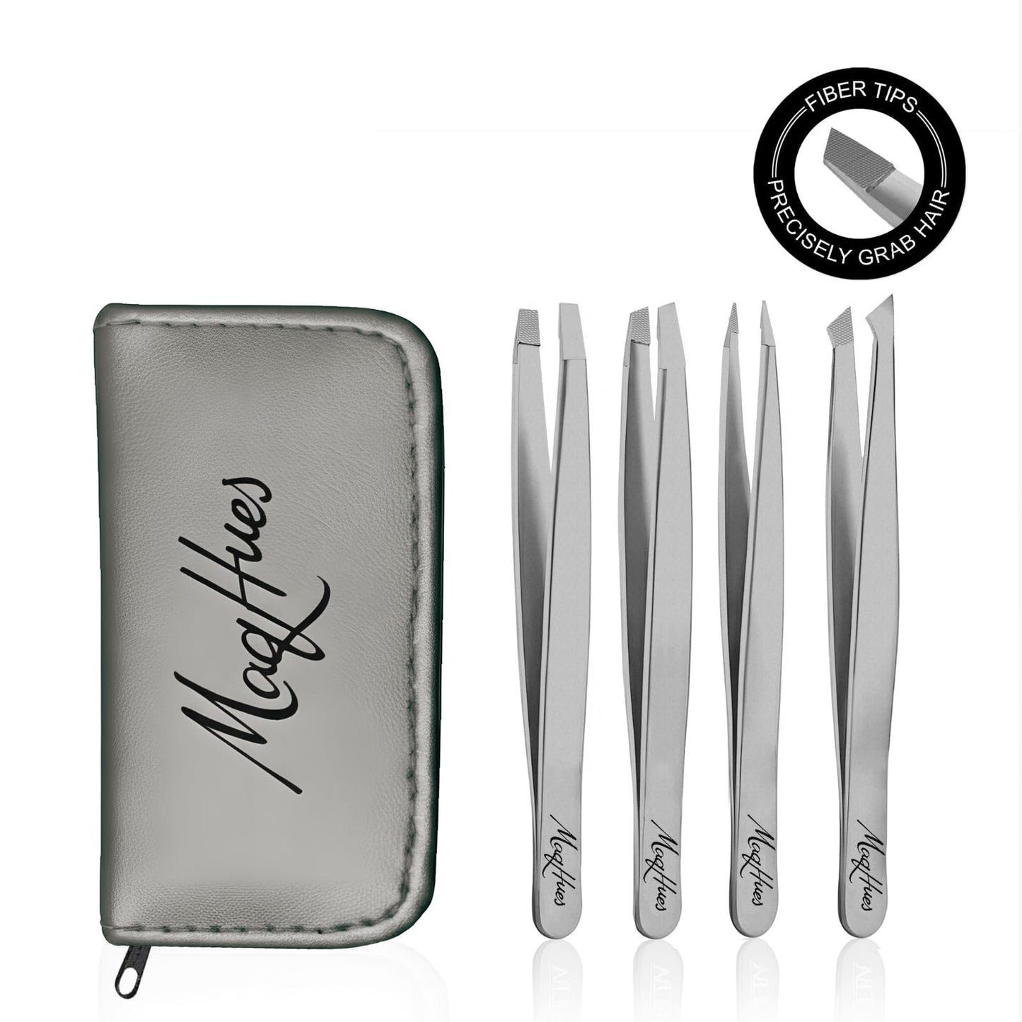 MaqHues Fiber Tip Tweezers Set – 4 Pcs Professional Eyebrow Tweezers Set, Precision Stainless Steel Ingrown Hair Tweezers for Facial Hair Removal, Slant Pointed Flat & Slant-Point Tips (Silver)