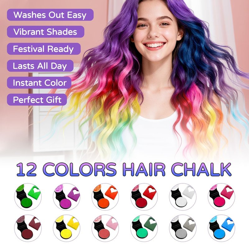 Color Hair Chalk Set - 12 Non-Toxic Temporary Hair Dyes for Adults | Safe & Easy to Wash Out - Perfect for Parties & Festivals