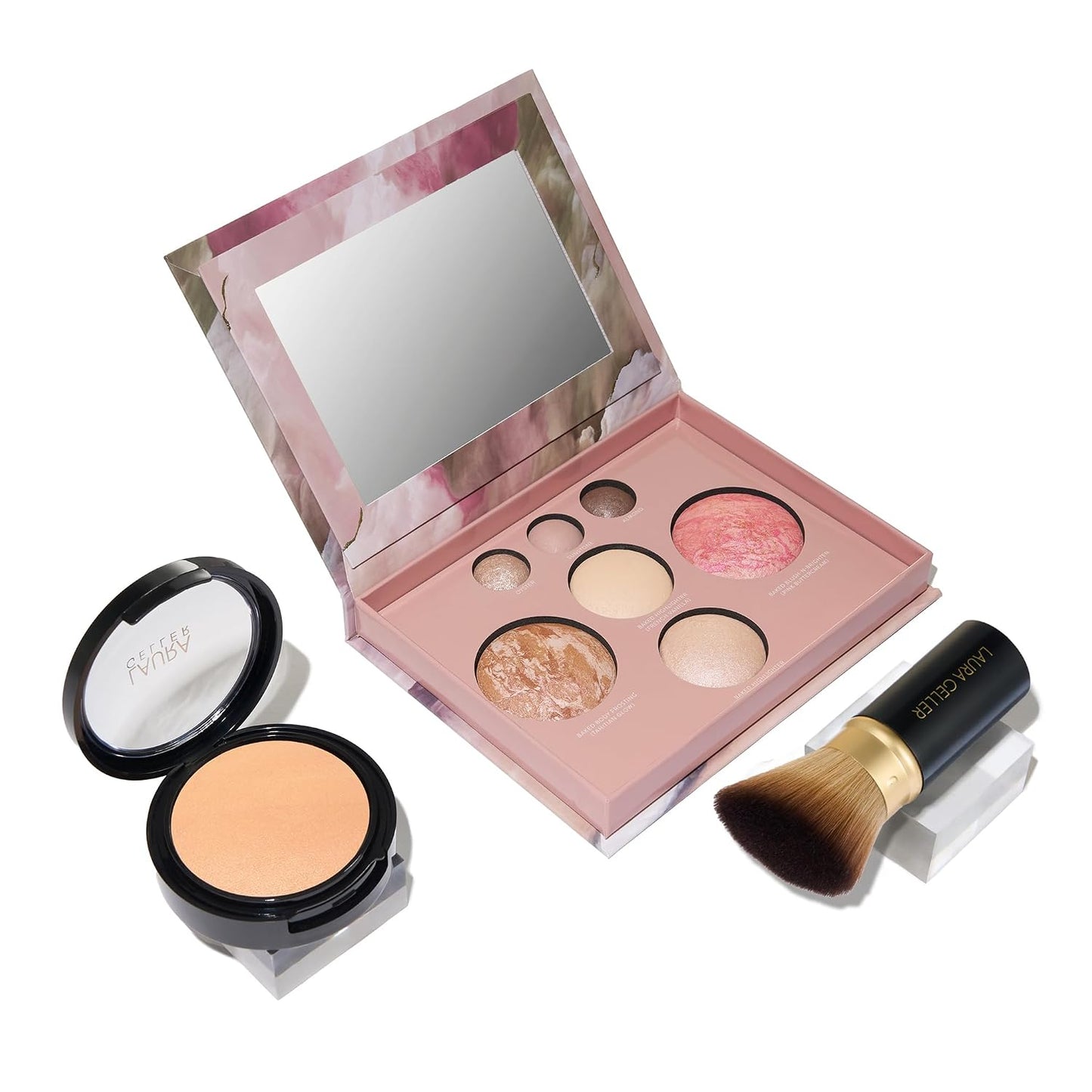 Laura Geller Baked Starter Kit - Full Coverage Double Take Powder Foundation & Face Palette | Retractable Kabuki Brush (01 Porcelain)