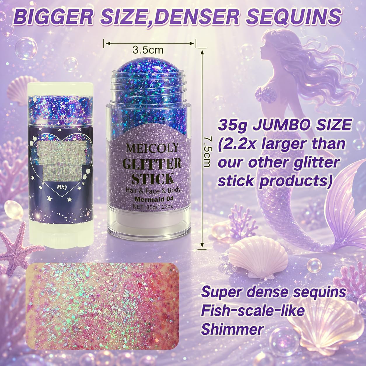 MEICOLY 1.23 OZ Light Purple Face Body Hair Glitter Stick for Women Rave Outfit Accessories, Holographic Mermaid Glitter Stick for Spirit Week Halloween