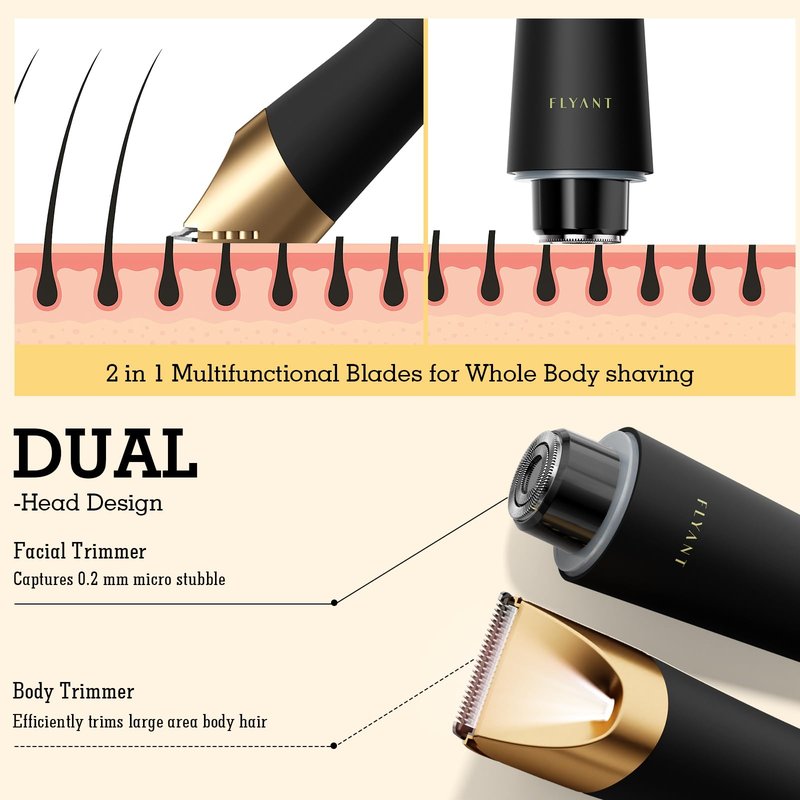 Bikini Trimmer for Women, Flyant 2 in 1 Electric Shaver for Women, Pubic Hair Trimmer Waterproof IPX7 with LED, Bikini Razor for Leg Arm Underarm Bikini Area - Black Gold