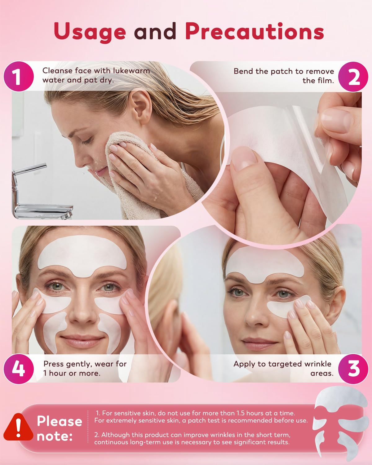 Facial Wrinkle Patches - 3 in 1 Collagen & Hyaluronic Acid Treatment | 60 Overnight Hydrogel Patches for Forehead & Smile Lines