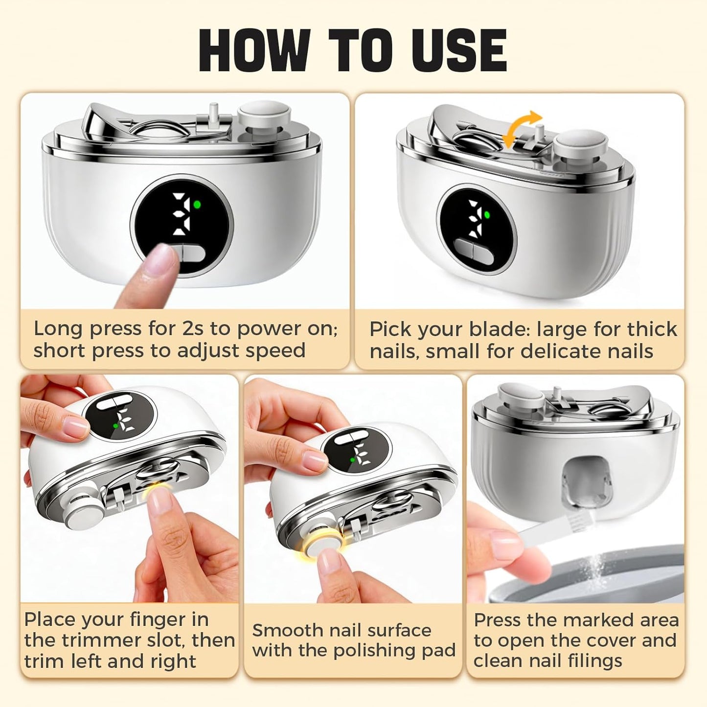 Automatic Electric Nail Clipper - 3-in-1 Dual-Blade Trimmer with LED Lamp & Storage | Rechargeable Safe Nail Care Tool for All Ages (White)