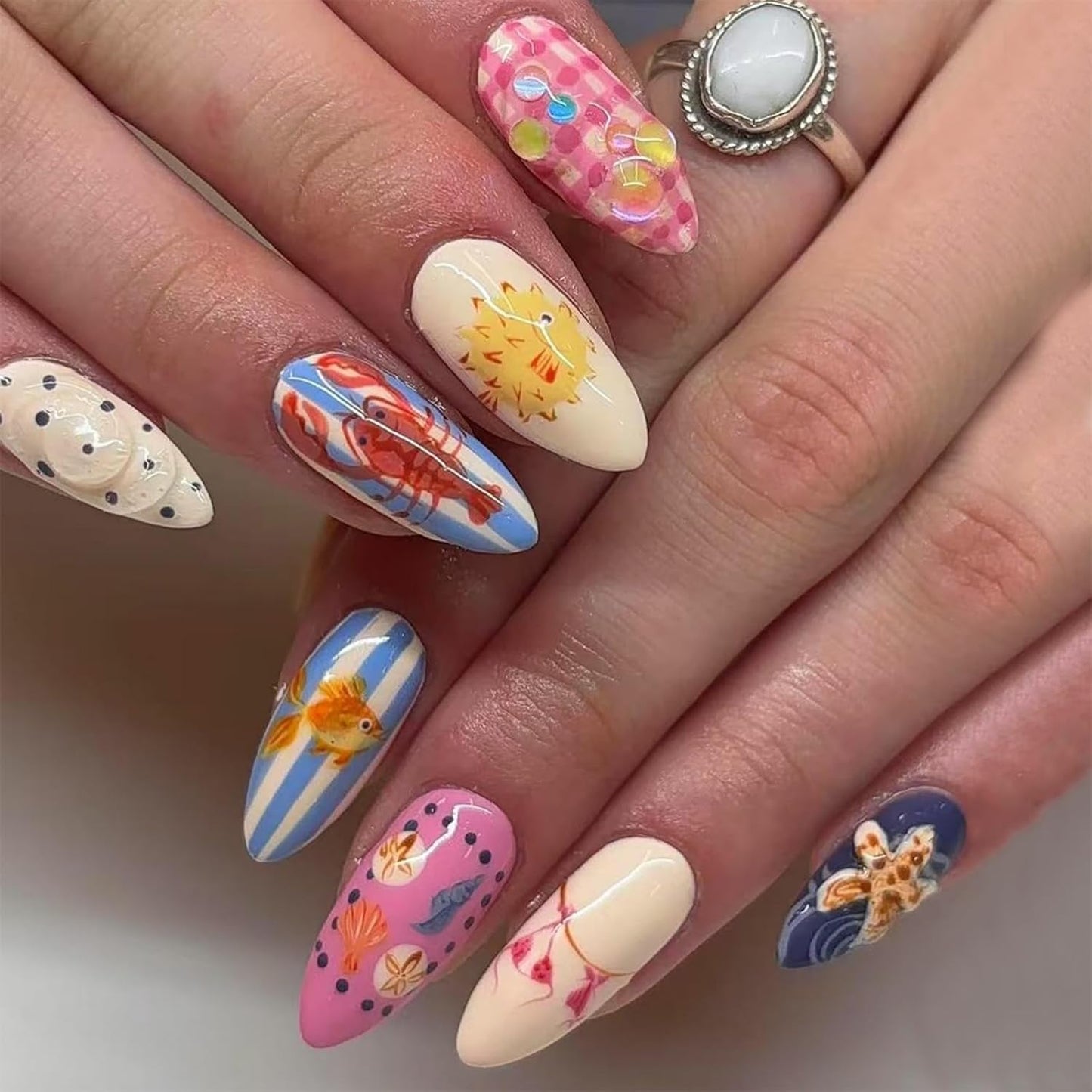 Flower Nail Press Ons - French Tip 3D Floral Butterfly Acrylic Nails | Glossy Pink Medium Almond Full Cover - 24 Pcs