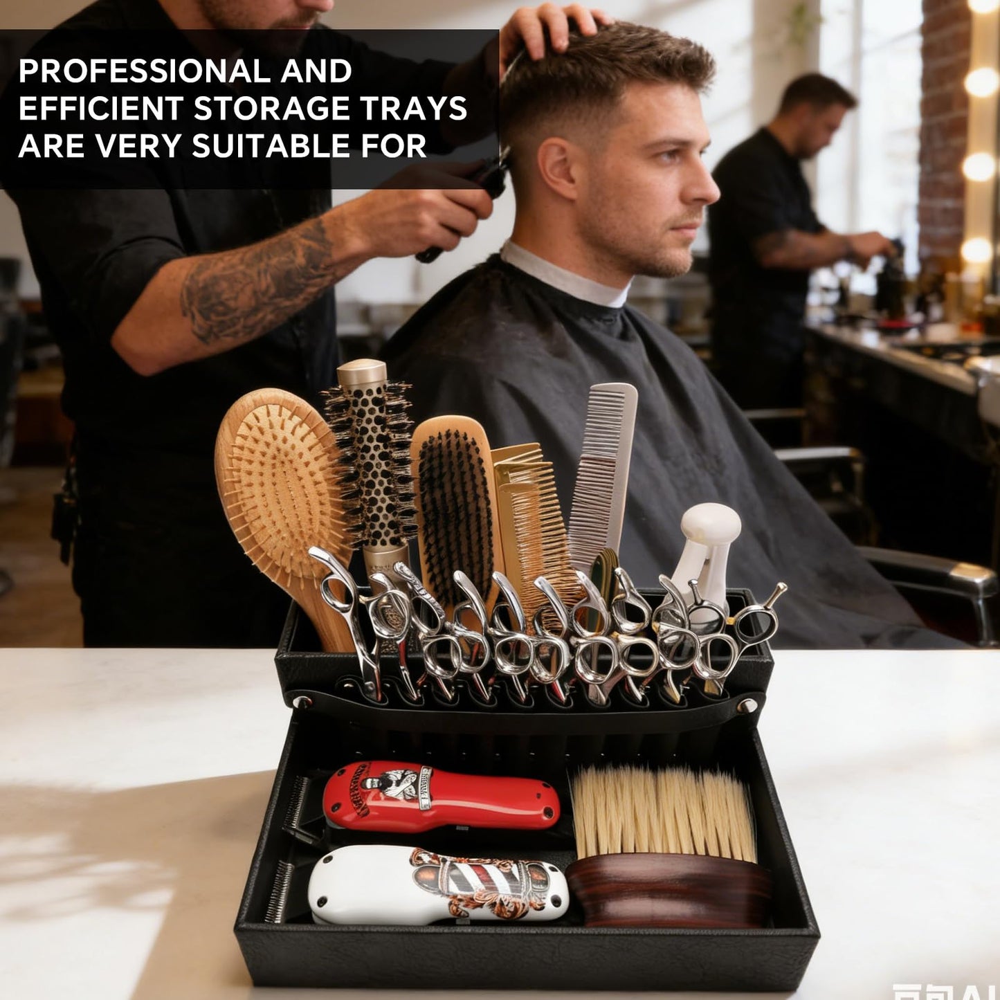 Barber Station Tray for Scissors Holder & Clippers Organizer, Barber Accessories Storage Station for Combs/Hair Clip/Trimmers, Barber Salon Home Desktop Tool Organizer(Small 11.9" x 8.8" x 4.4")